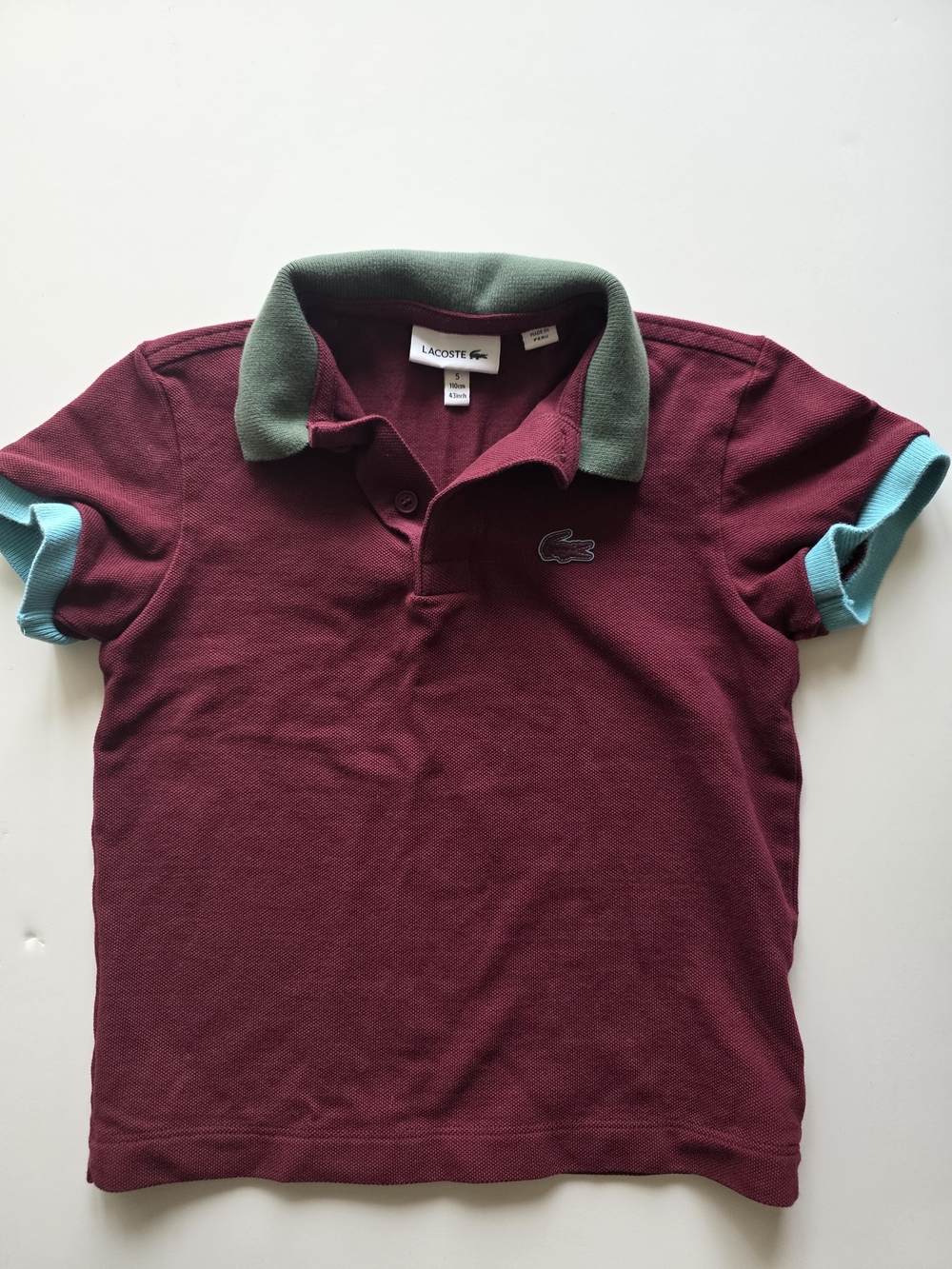 Lacoste Kids' Maroon Polo with Green Collar and Teal Sleeve Trim